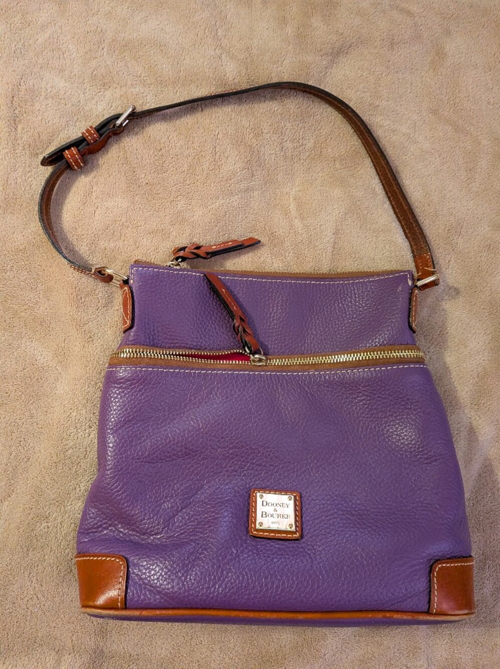 Dooney & Bourke Purple Pebbled Leather Shoulder Bag with Brown Trim